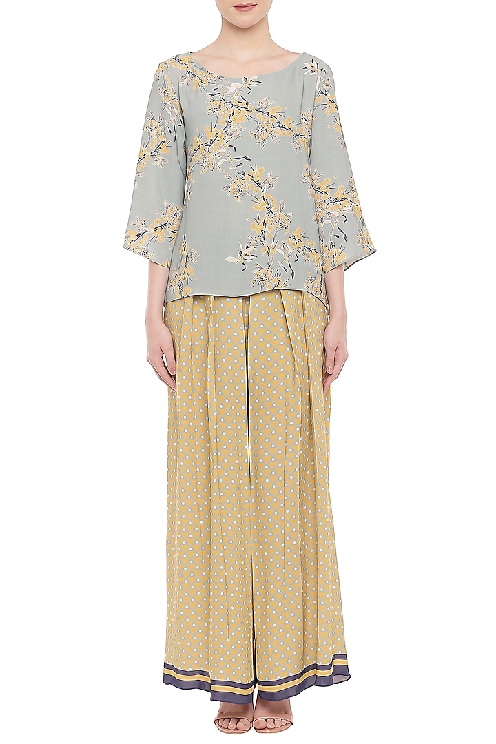 Blush Blue Printed Top With Yellow Palazzo Pants by Soup by Sougat Paul