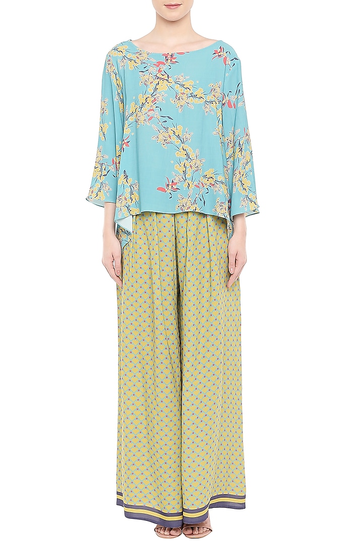 Blue Printed Top With Green Palazzo Pants by Soup by Sougat Paul