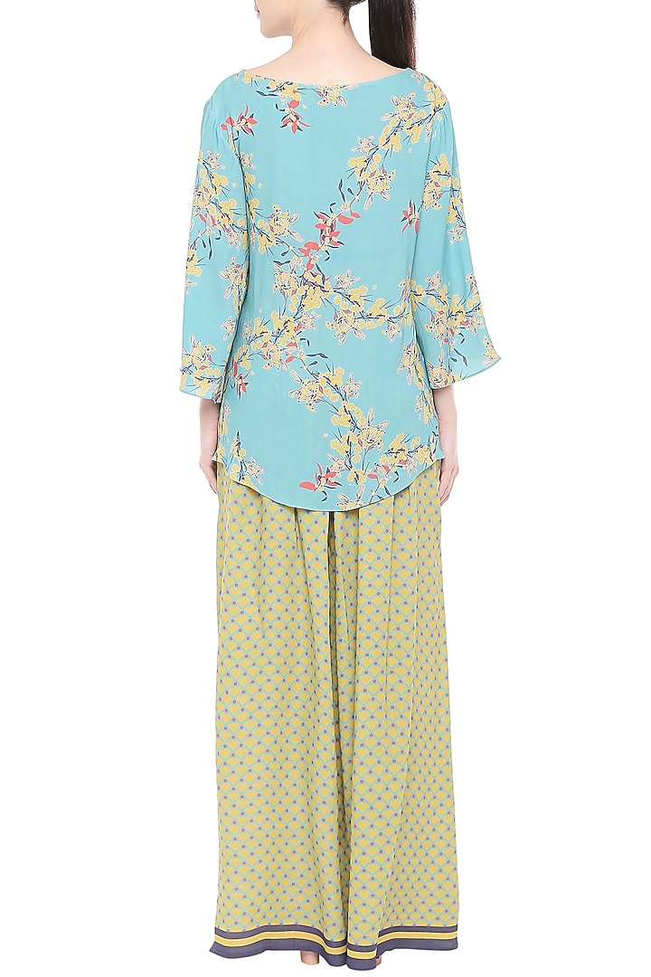 Blue Printed Top With Green Palazzo Pants by Soup by Sougat Paul at Pernia's Pop Up Shop