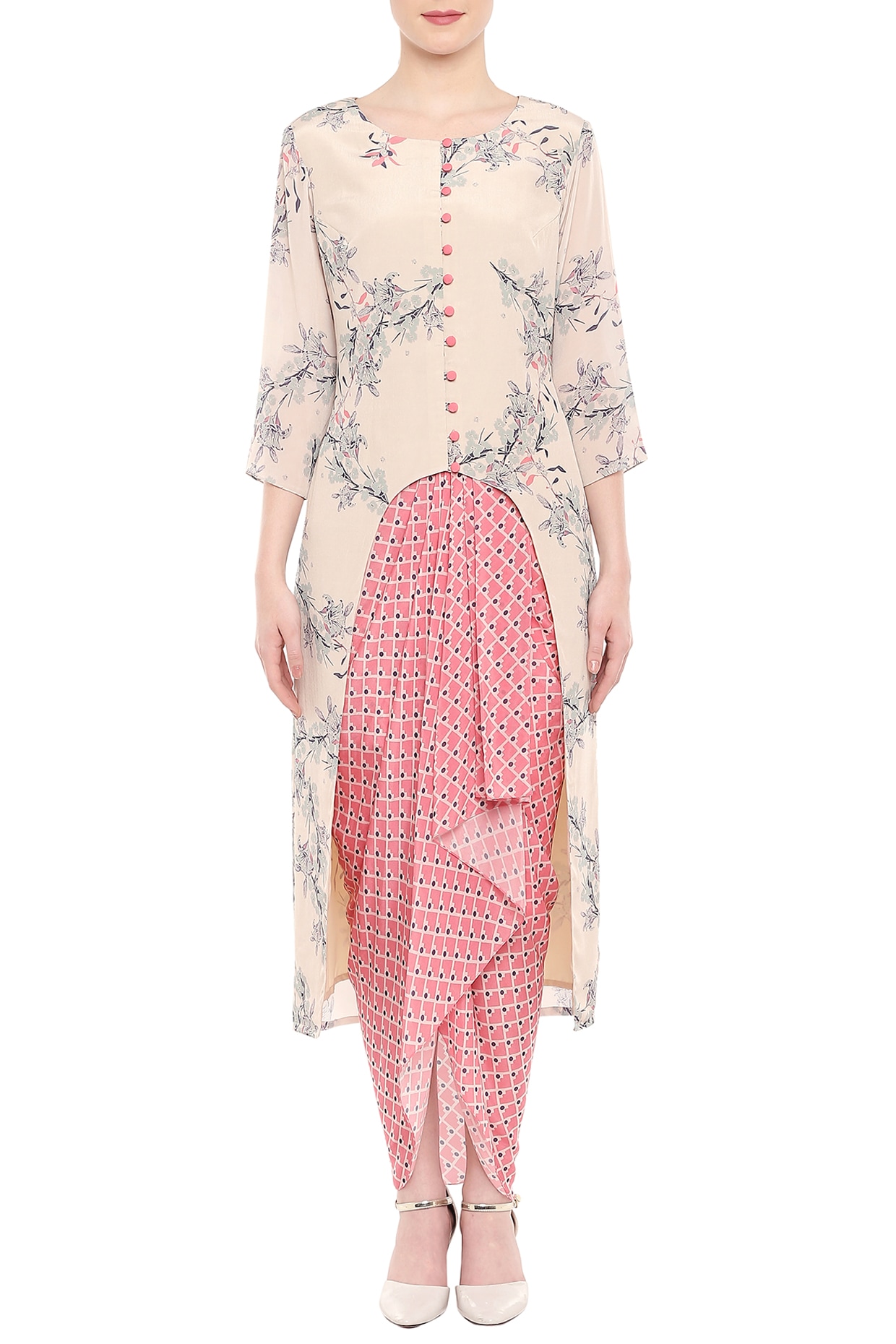 Off White Printed Kurta With Pink Dhoti 