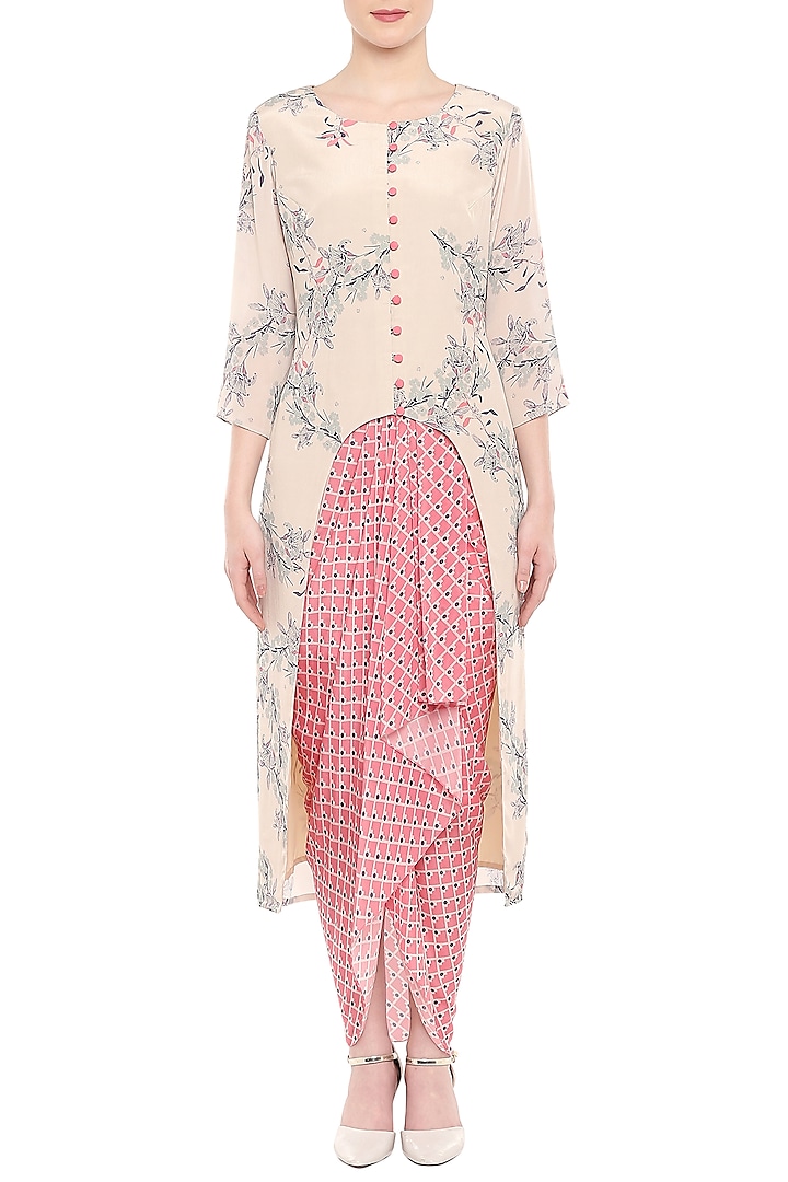 Off White Printed Kurta With Pink Dhoti Skirt by Soup by Sougat Paul