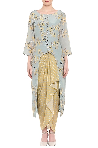 Blush Blue Printed Kurta With Yellow Dhoti Skirt by Soup by Sougat Paul