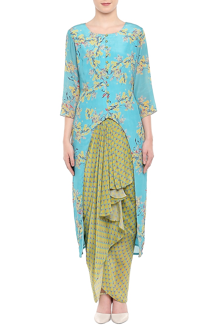 Blue Printed Kurta With Olive Green Dhoti Skirt by Soup by Sougat Paul