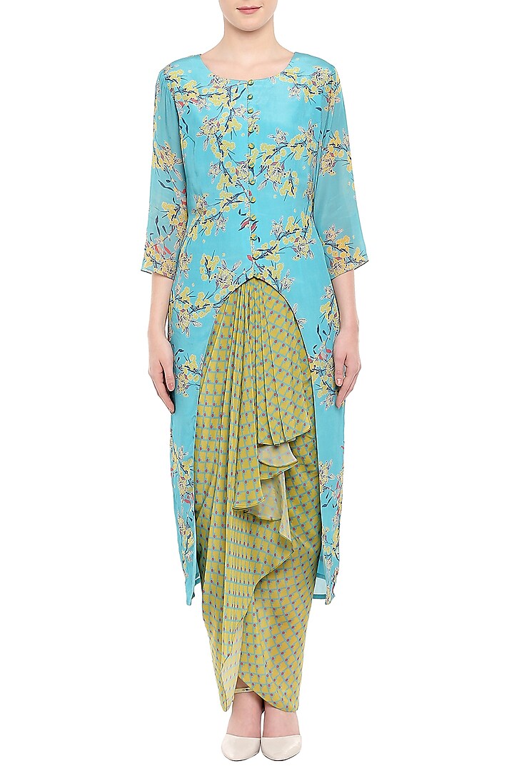 Blue Printed Kurta With Olive Green Dhoti Skirt by Soup by Sougat Paul at Pernia's Pop Up Shop