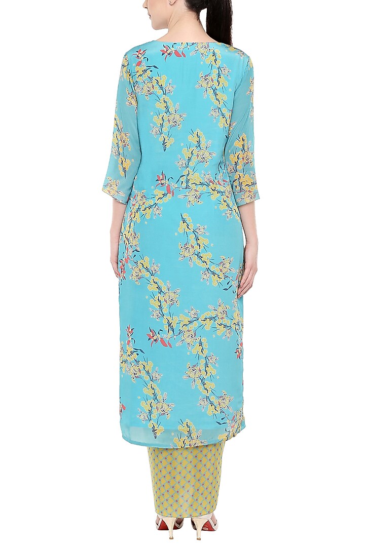 Blue Printed Kurta With Olive Green Dhoti Skirt by Soup by Sougat Paul at Pernia's Pop Up Shop
