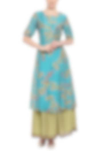 Blue Printed Tunic With Olive Green Lehenga Skirt by Soup by Sougat Paul at Pernia's Pop Up Shop