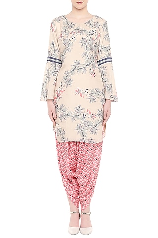 Off White Printed Kurta With Pink Drape Dhoti Pants by Soup by Sougat Paul