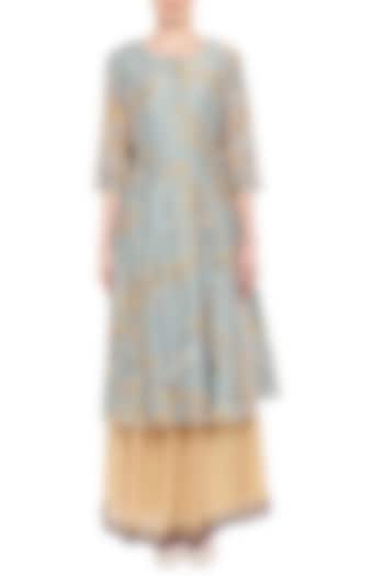 Blush Blue Printed Tunic With Yellow Lehenga Skirt by Soup by Sougat Paul at Pernia's Pop Up Shop