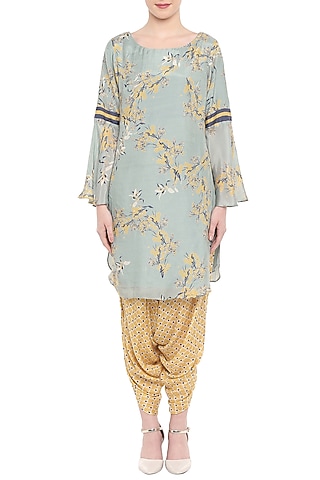 Blush Blue Printed Kurta With Yellow Drape Dhoti Pants by Soup by Sougat Paul