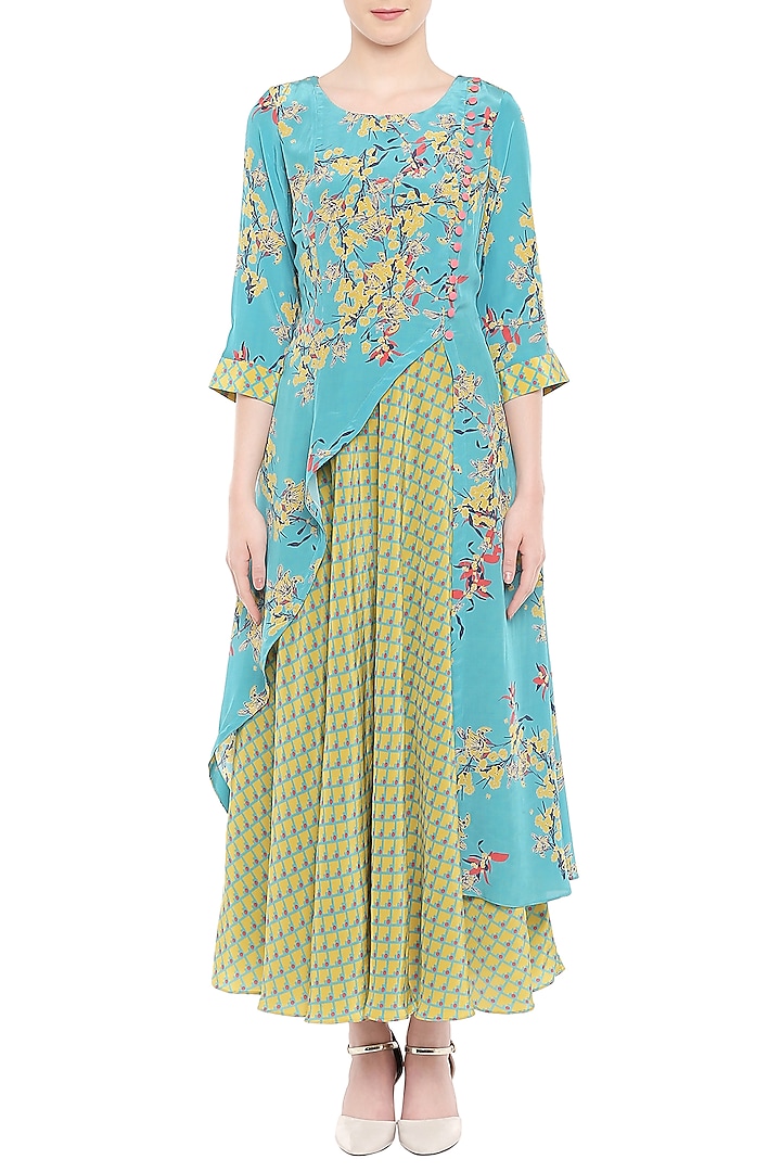 Blue Printed Ruffled Kurta With Olive Green Dhoti Skirt by Soup by Sougat Paul