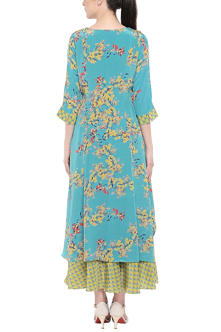 Blue Printed Ruffled Kurta With Olive Green Dhoti Skirt by Soup by Sougat Paul at Pernia's Pop Up Shop