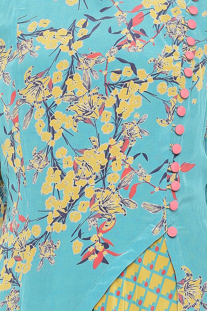 Blue Printed Ruffled Kurta With Olive Green Dhoti Skirt by Soup by Sougat Paul at Pernia's Pop Up Shop