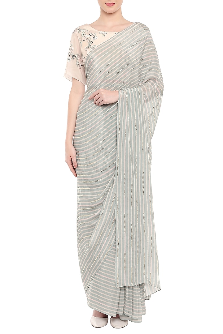 Blue & Off White Crepe Printed Saree Set by Soup by Sougat Paul