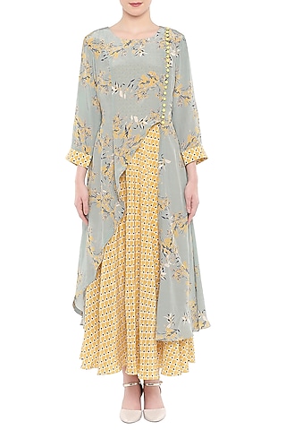 Blue Printed Kurta With Yellow Dhoti Skirt by Soup by Sougat Paul