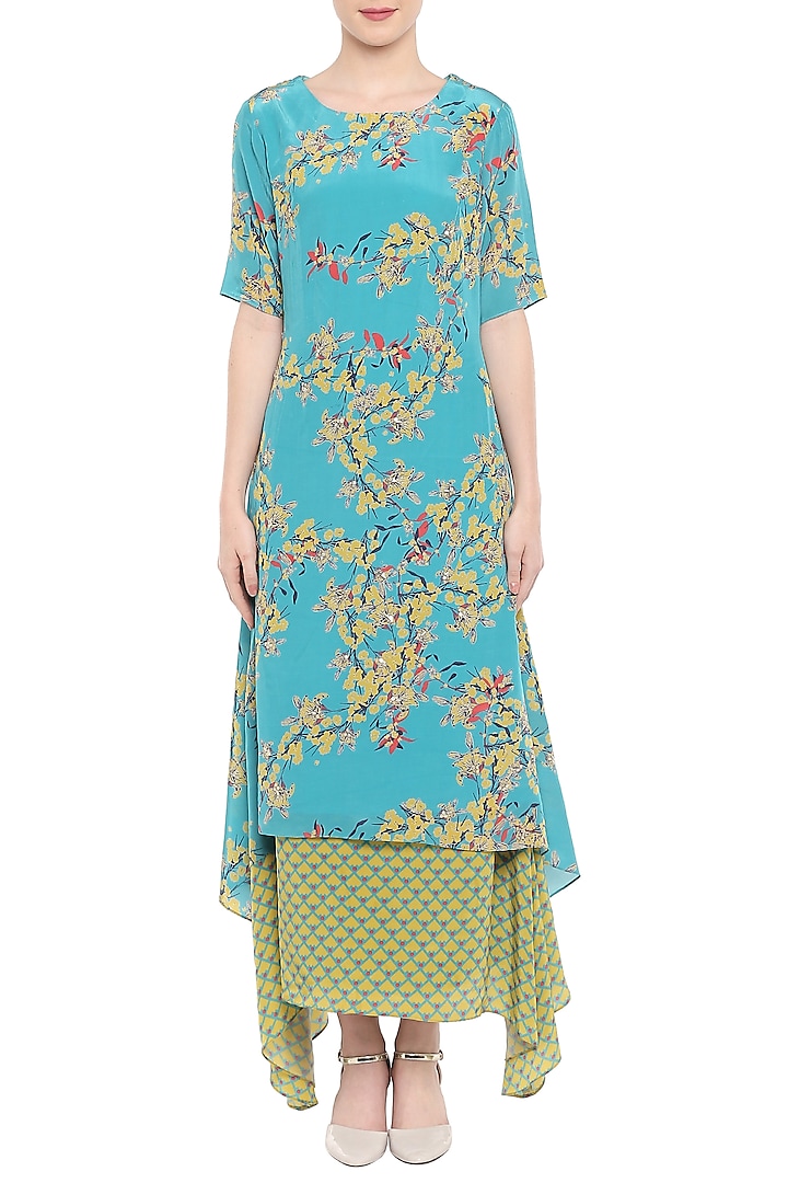 Blue Printed Tunic With Olive Green Handkerchief Skirt by Soup by Sougat Paul
