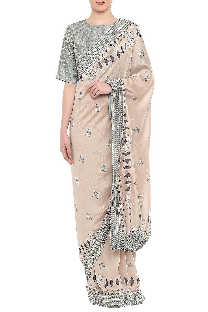 Beige & Celadon Green Chanderi Silk Printed Saree Set by Soup by Sougat Paul