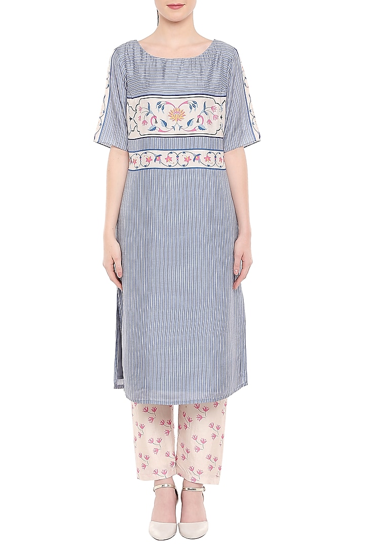 Blue & Blush Pink Kurta With Cigarette Pants by Soup by Sougat Paul at Pernia's Pop Up Shop