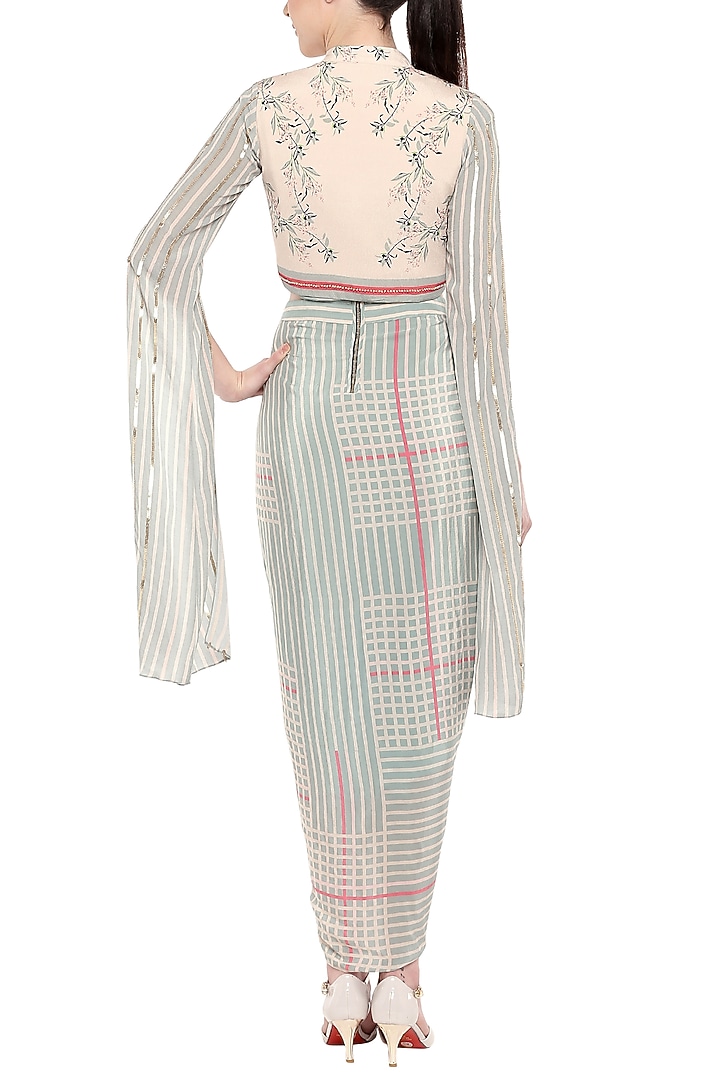Beige & Blue Printed Vacation Dress With Embroidered Jacket by Soup by Sougat Paul at Pernia's Pop Up Shop