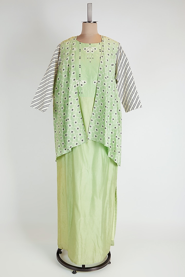 Green Straight Dress With Printed Jacket by Soup by Sougat Paul