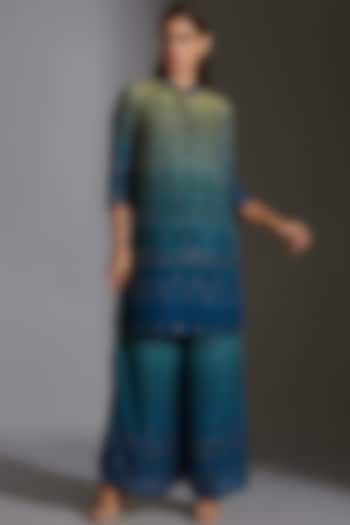 Green & Cobalt Blue Printed Embroidered Kurta Set by Soup By Sougat Paul