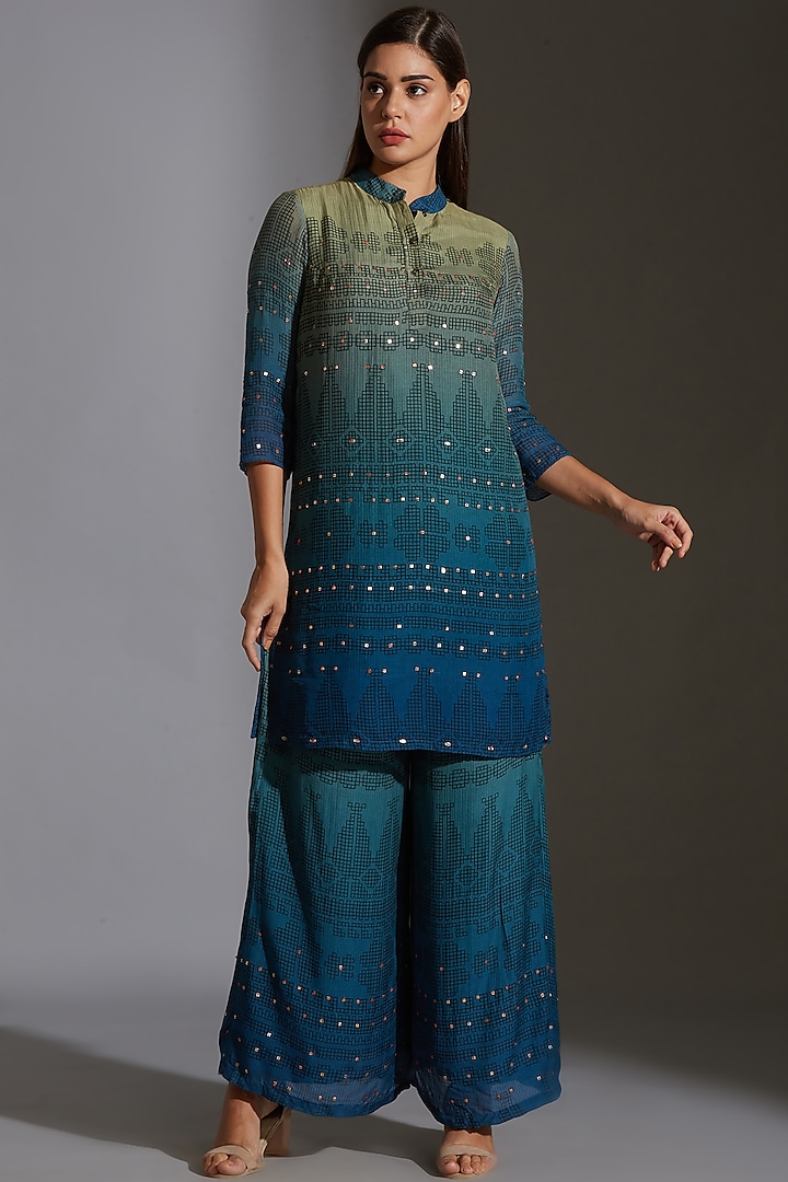 Green & Cobalt Blue Printed Embroidered Kurta Set by Soup By Sougat Paul