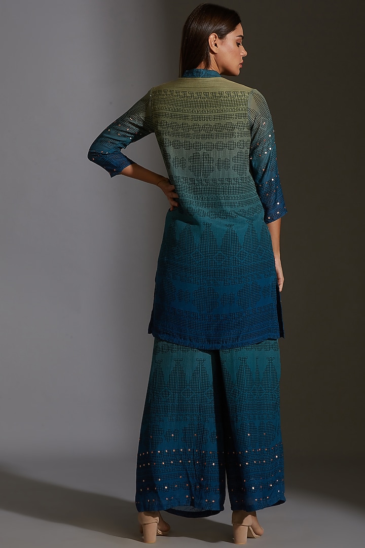 Green & Cobalt Blue Printed Embroidered Kurta Set by Soup By Sougat Paul at Pernia's Pop Up Shop