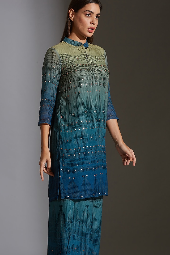 Green & Cobalt Blue Printed Embroidered Kurta Set by Soup By Sougat Paul at Pernia's Pop Up Shop