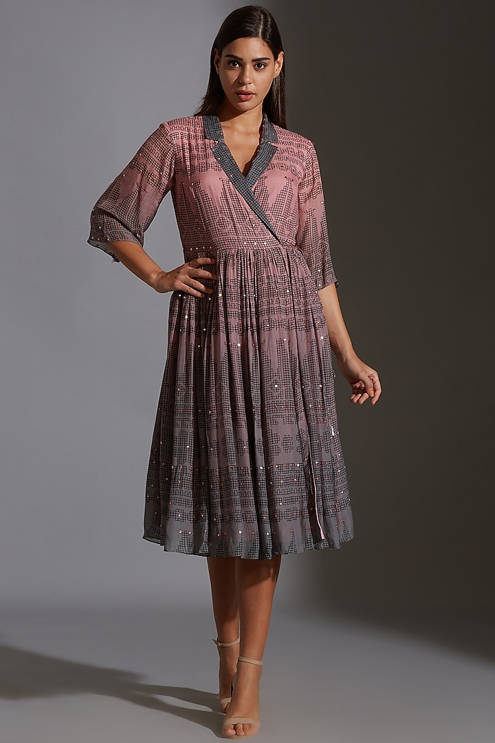 Pink & Grey Printed Embroidered Overlapped Dress by Soup By Sougat Paul