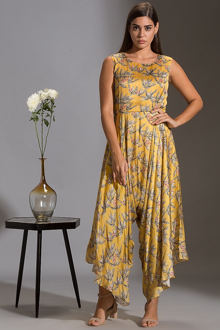 Yellow Printed Jumpsuit With Jacket by Soup By Sougat Paul at Pernia's Pop Up Shop