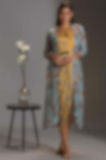 Yellow & Powder Blue Printed Draped Dress With Jacket by Soup By Sougat Paul