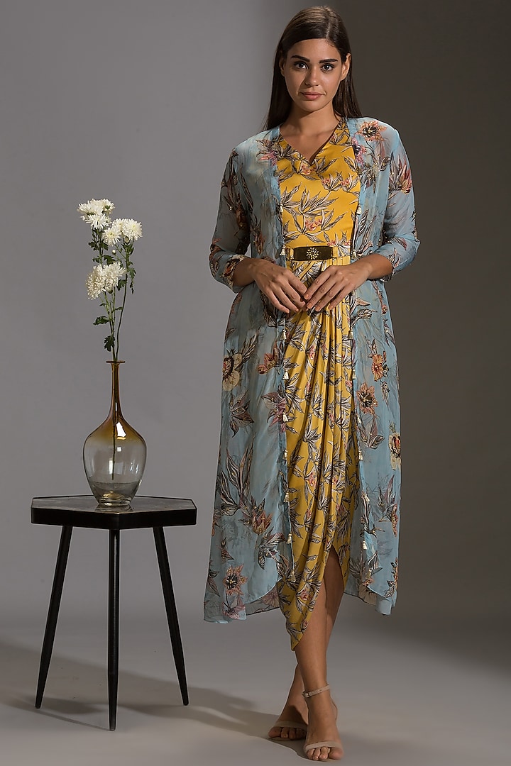 Yellow & Powder Blue Printed Draped Dress With Jacket by Soup By Sougat Paul