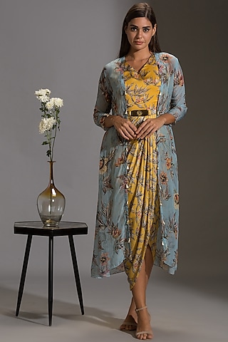 Yellow & Powder Blue Printed Draped Dress With Jacket by Soup By Sougat Paul