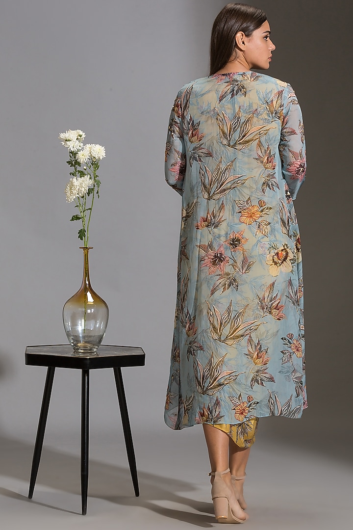 Yellow & Powder Blue Printed Draped Vacation Dress With Jacket by Soup By Sougat Paul at Pernia's Pop Up Shop