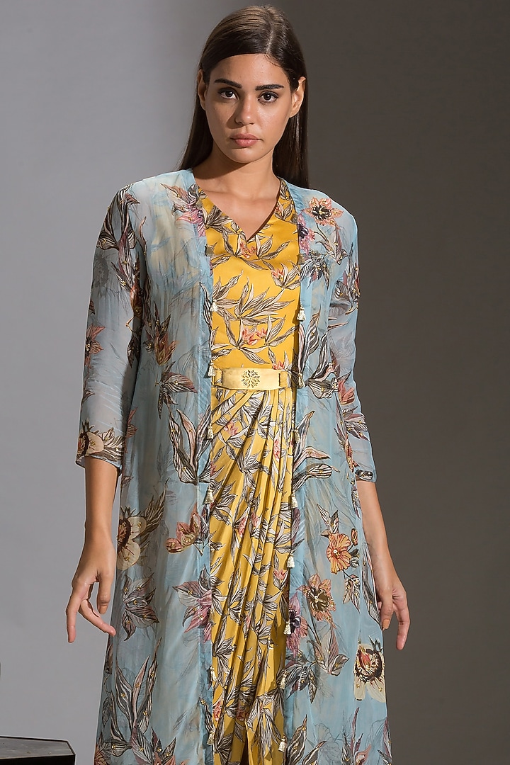 Yellow & Powder Blue Printed Draped Vacation Dress With Jacket by Soup By Sougat Paul at Pernia's Pop Up Shop