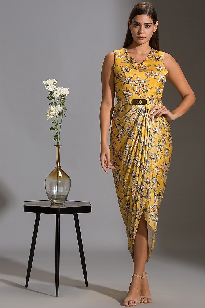 Yellow & Powder Blue Printed Draped Vacation Dress With Jacket by Soup By Sougat Paul at Pernia's Pop Up Shop