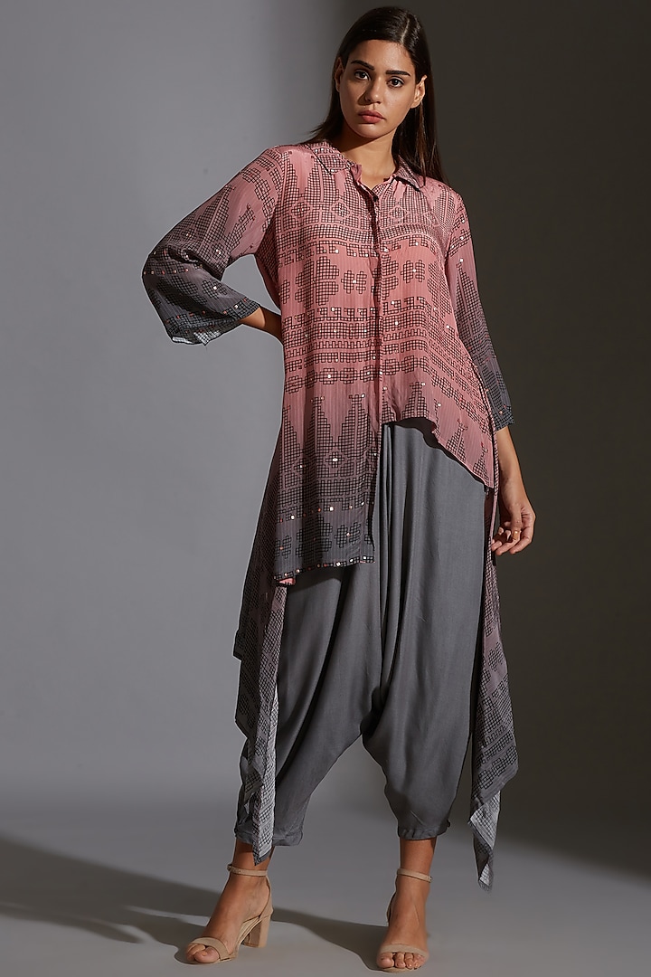 Pink & Grey Printed Embroidered Asymmetrical Top by Soup By Sougat Paul