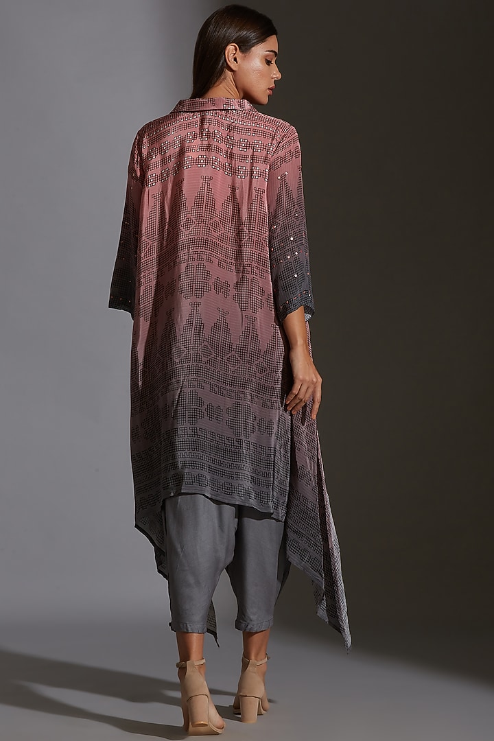 Pink & Grey Printed Embroidered Asymmetrical Top by Soup By Sougat Paul at Pernia's Pop Up Shop