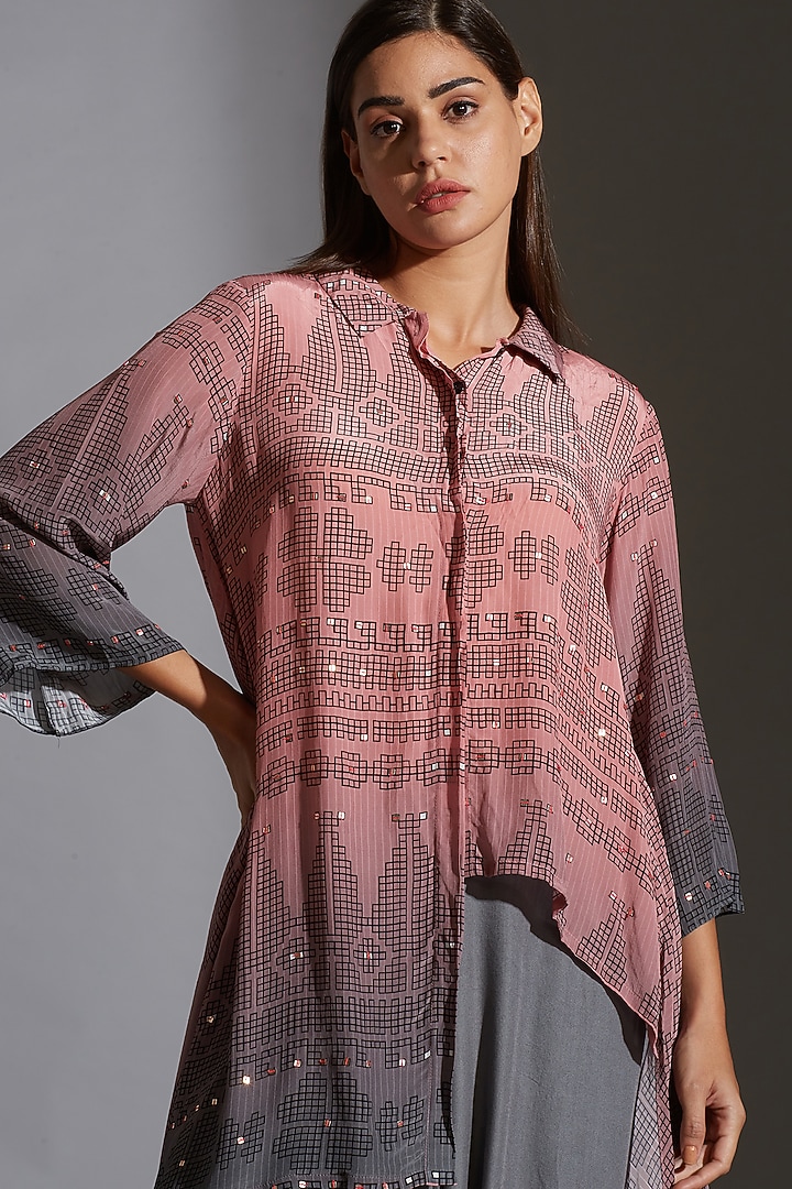 Pink & Grey Printed Embroidered Asymmetrical Top by Soup By Sougat Paul at Pernia's Pop Up Shop