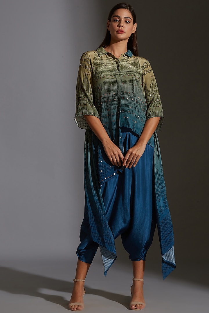 Green & Blue Printed Embroidered Asymmetrical Top by Soup By Sougat Paul