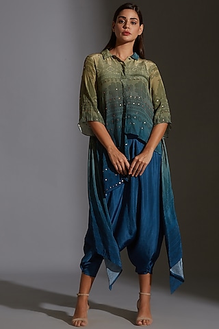 Green & Blue Printed Embroidered Asymmetrical Top by Soup By Sougat Paul