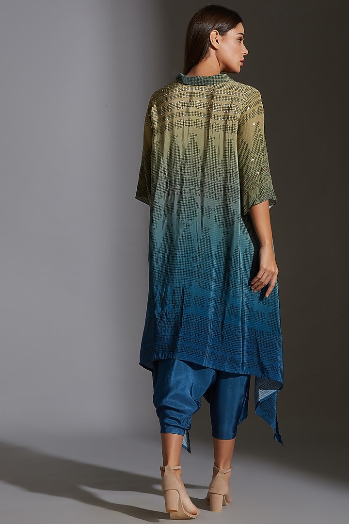 Green & Blue Printed Embroidered Asymmetrical Top by Soup By Sougat Paul at Pernia's Pop Up Shop