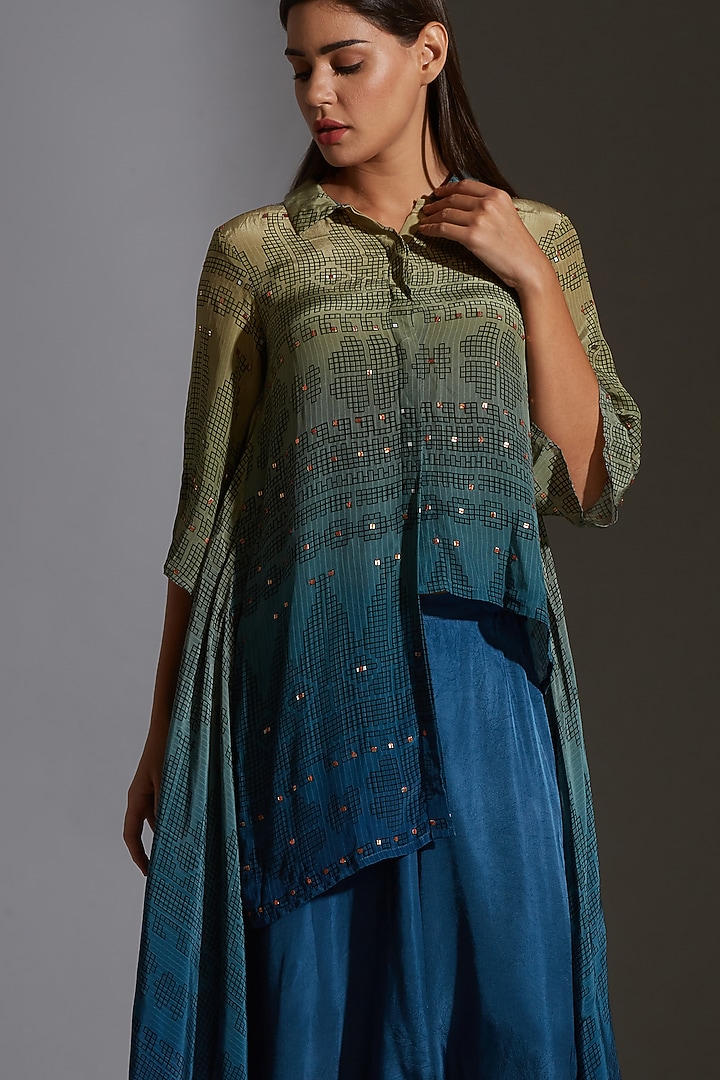 Green & Blue Printed Embroidered Asymmetrical Top by Soup By Sougat Paul at Pernia's Pop Up Shop