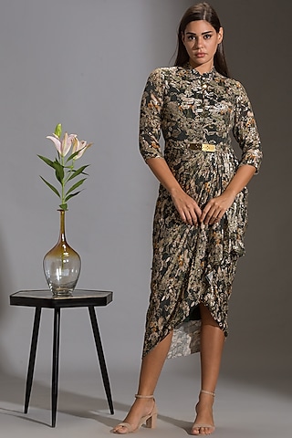 Green & Black Printed Draped Dress With Belt by Soup By Sougat Paul
