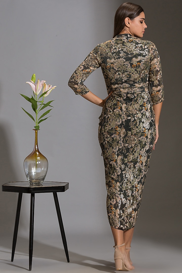 Green & Black Printed Draped Vacation Dress With Belt by Soup By Sougat Paul at Pernia's Pop Up Shop