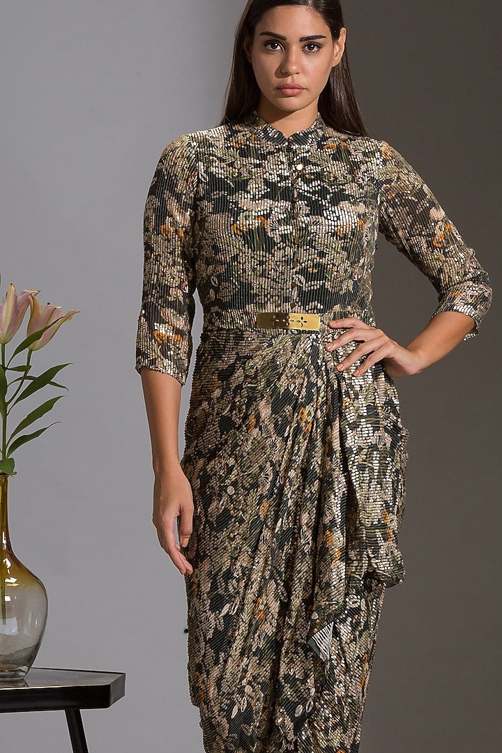 Green & Black Printed Draped Vacation Dress With Belt by Soup By Sougat Paul at Pernia's Pop Up Shop