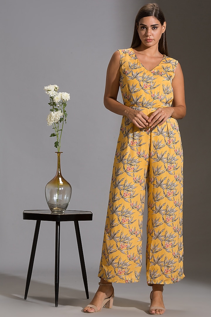 Yellow Printed Jumpsuit With Jacket by Soup By Sougat Paul at Pernia's Pop Up Shop