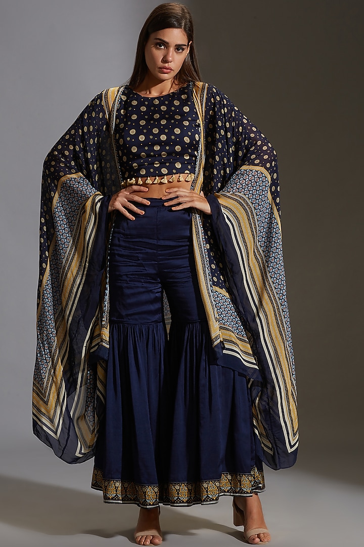 Midnight Blue Printed Sharara Set With Tassels by Soup By Sougat Paul