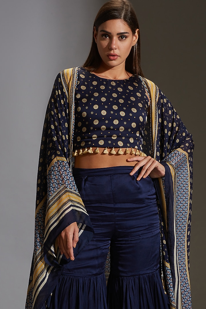 Midnight Blue Printed Party Wear Sharara Set With Tassels by Soup By Sougat Paul at Pernia's Pop Up Shop