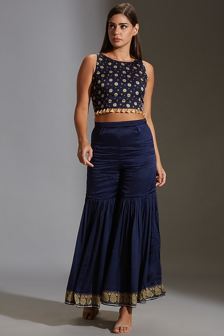 Midnight Blue Printed Party Wear Sharara Set With Tassels by Soup By Sougat Paul at Pernia's Pop Up Shop