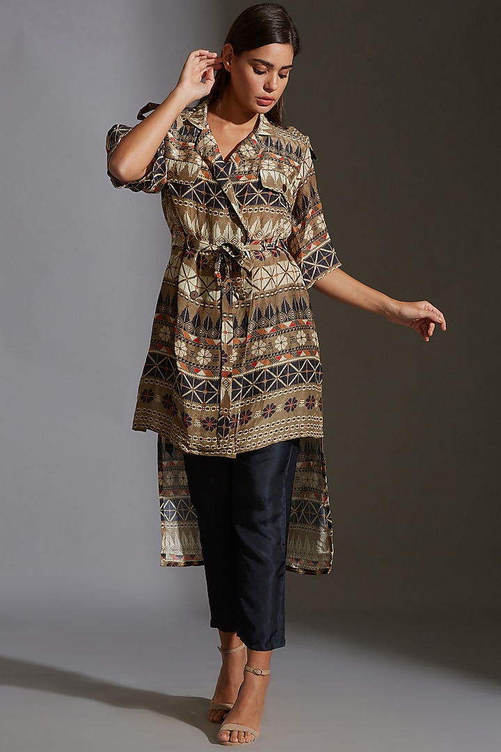 Persian Blue Printed Overlap Jacket Set by Soup by Sougat Paul